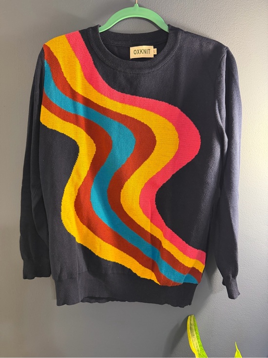 OXKnit Sweaters - OXKNIT Women's Crew Neck Sweater in Navy with Multicolor Wave Large